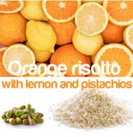 Orange risotto with lemon and pistachios