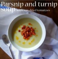 Parsnip and turnip soup with sun dried tomatoes